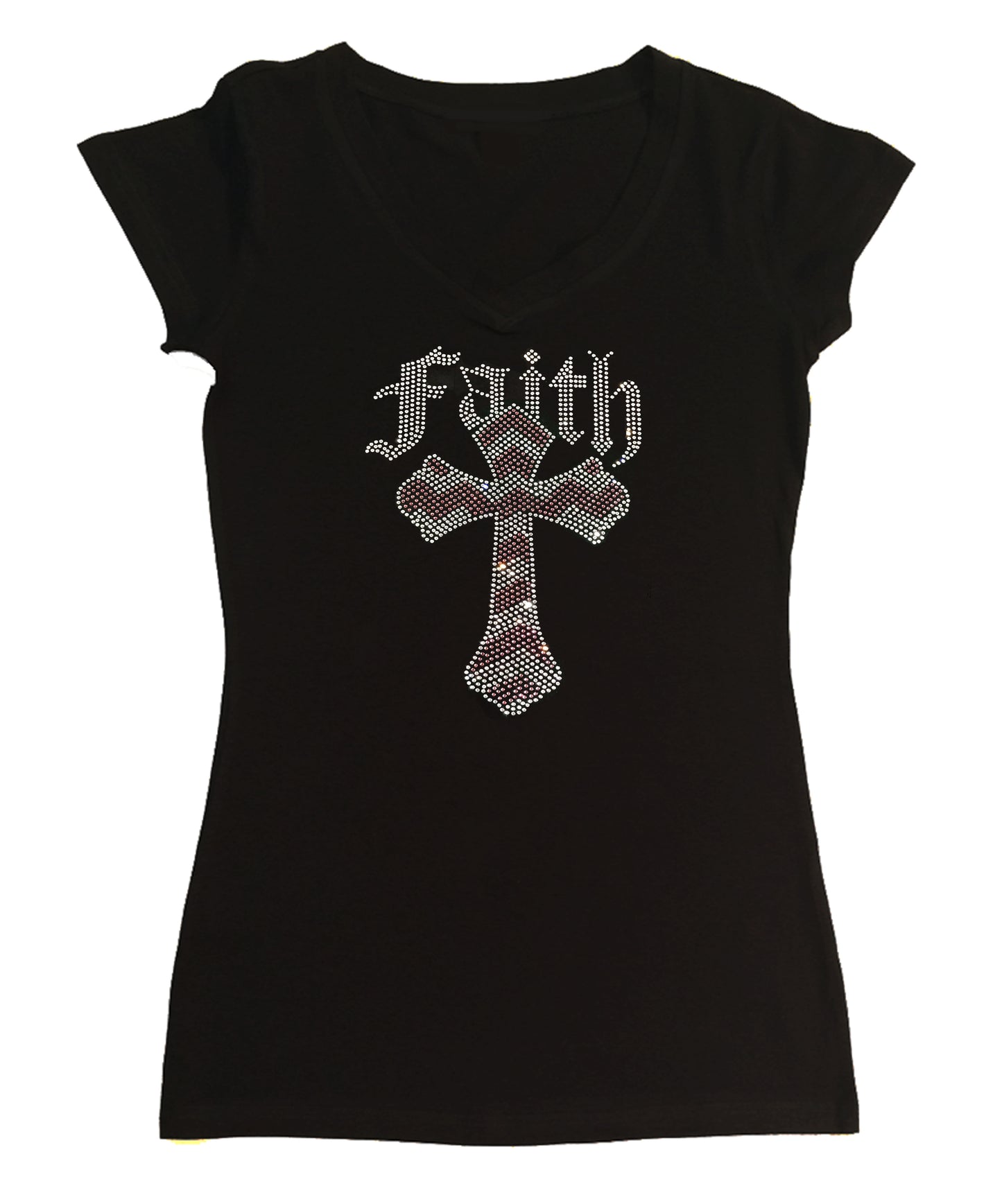 Womens T-shirt with Pink and Crystal Faith Cross in Rhinestones