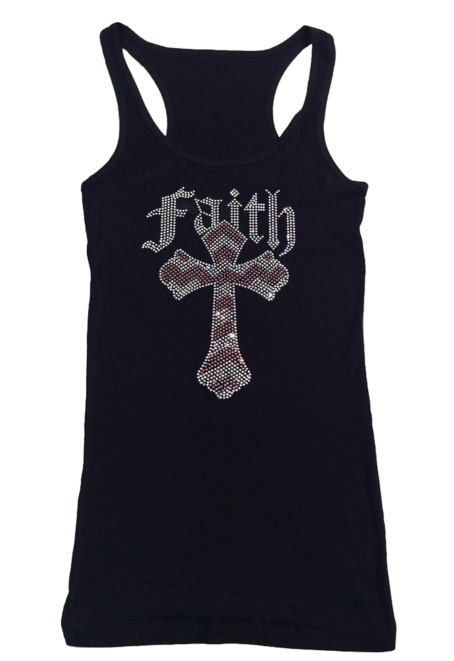 Womens T-shirt with Pink and Crystal Faith Cross in Rhinestones