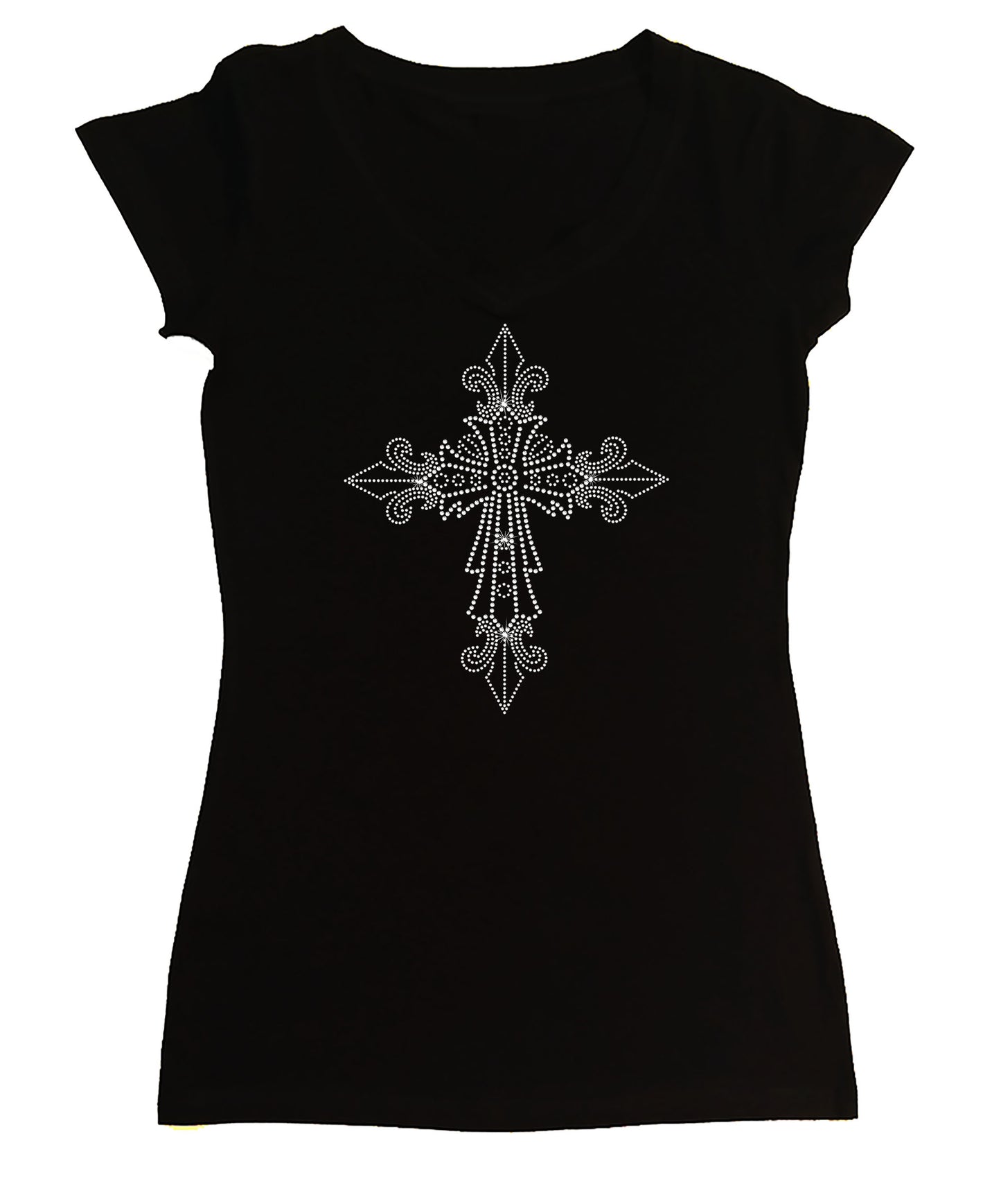 Women's Rhinestone Fitted Tight Snug Shirt Pointed Crystal Cross - Rhinestone Shirt, Jesus Bling