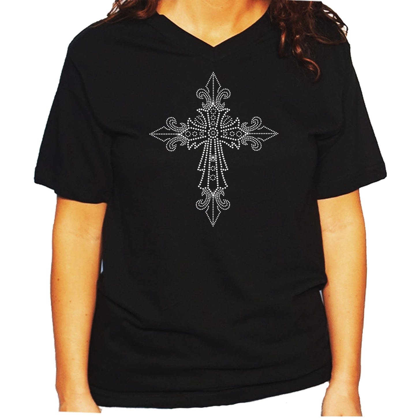Women's/Unisex Rhinestone T-Shirt with Pointed Crystal Cross - Rhinestone Shirt, Jesus Bling