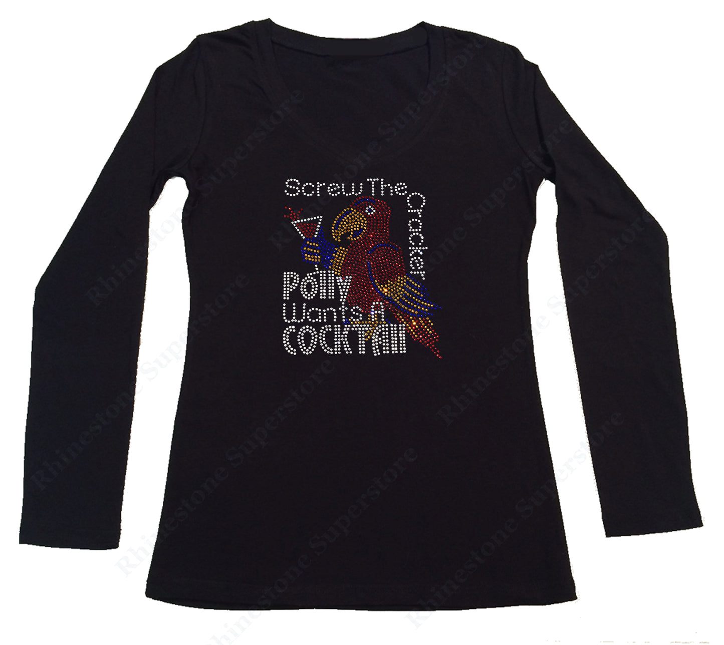 Womens T-shirt with Poly wants a Cocktail Drink in Rhinestones