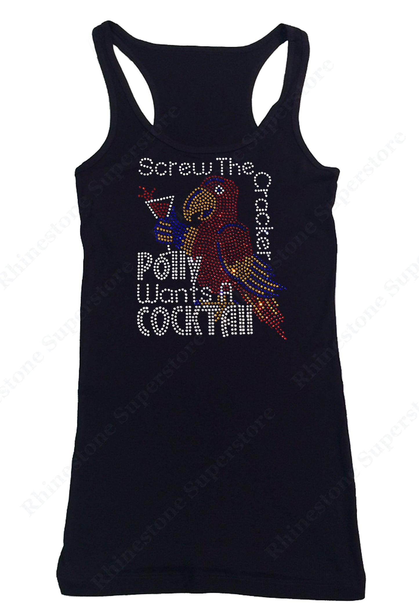 Womens T-shirt with Poly wants a Cocktail Drink in Rhinestones