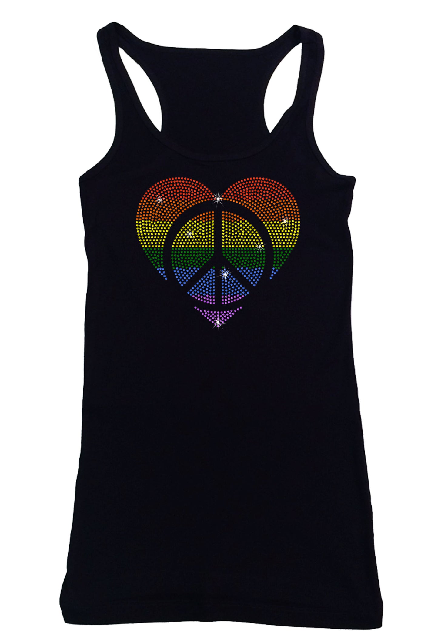 Women's Rhinestone Fitted Tight Snug Shirt Rainbow Heart & Peace Sign - Rhinestone Pride Shirt