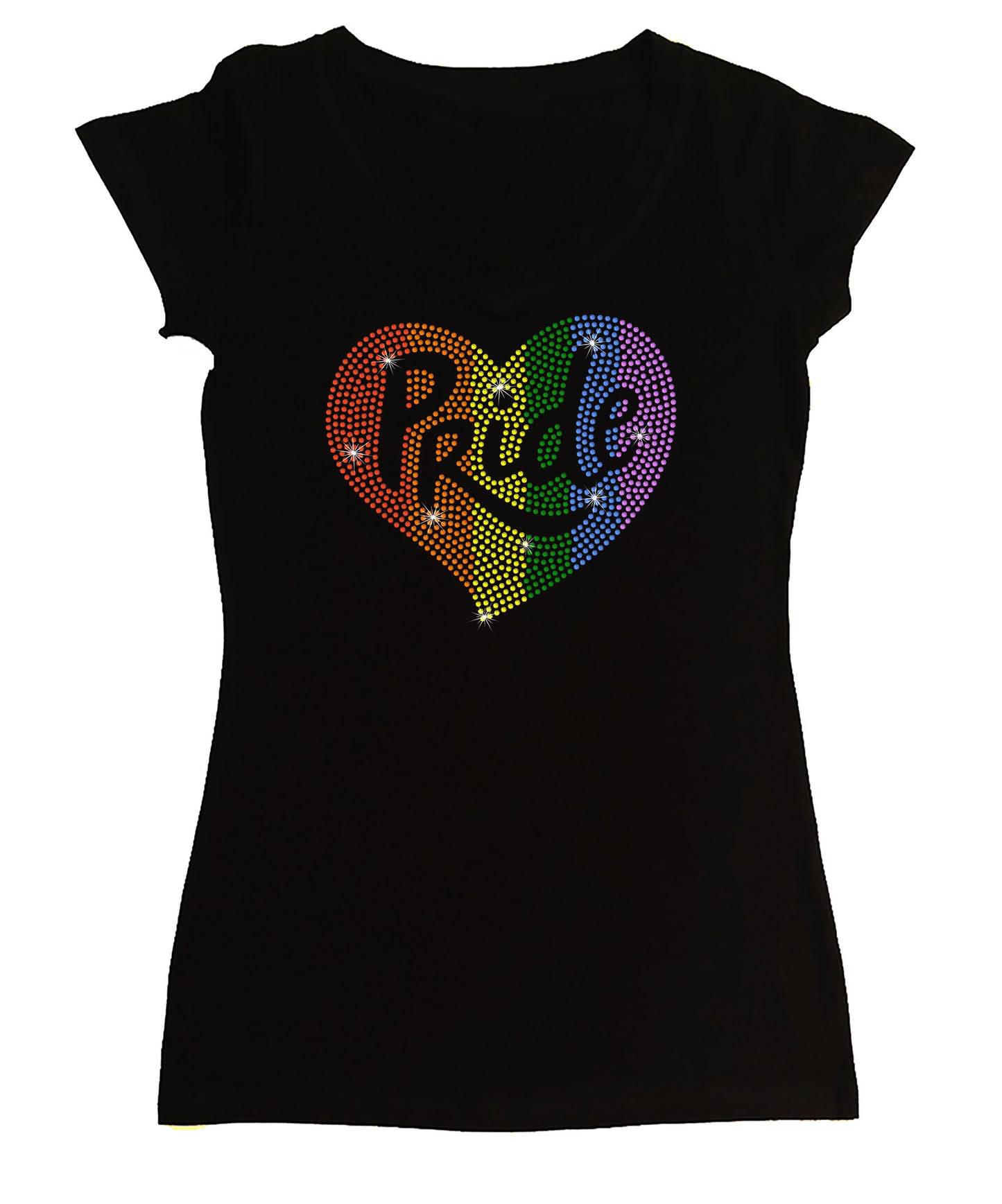 Women's Rhinestone Fitted Tight Snug Shirt Rainbow Pride Rainbow Heart - Rhinestone Pride Shirt