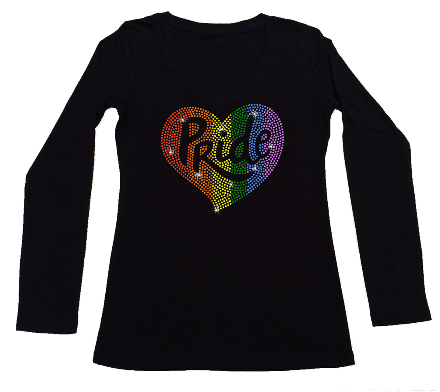 Women's Rhinestone Fitted Tight Snug Shirt Rainbow Pride Rainbow Heart - Rhinestone Pride Shirt