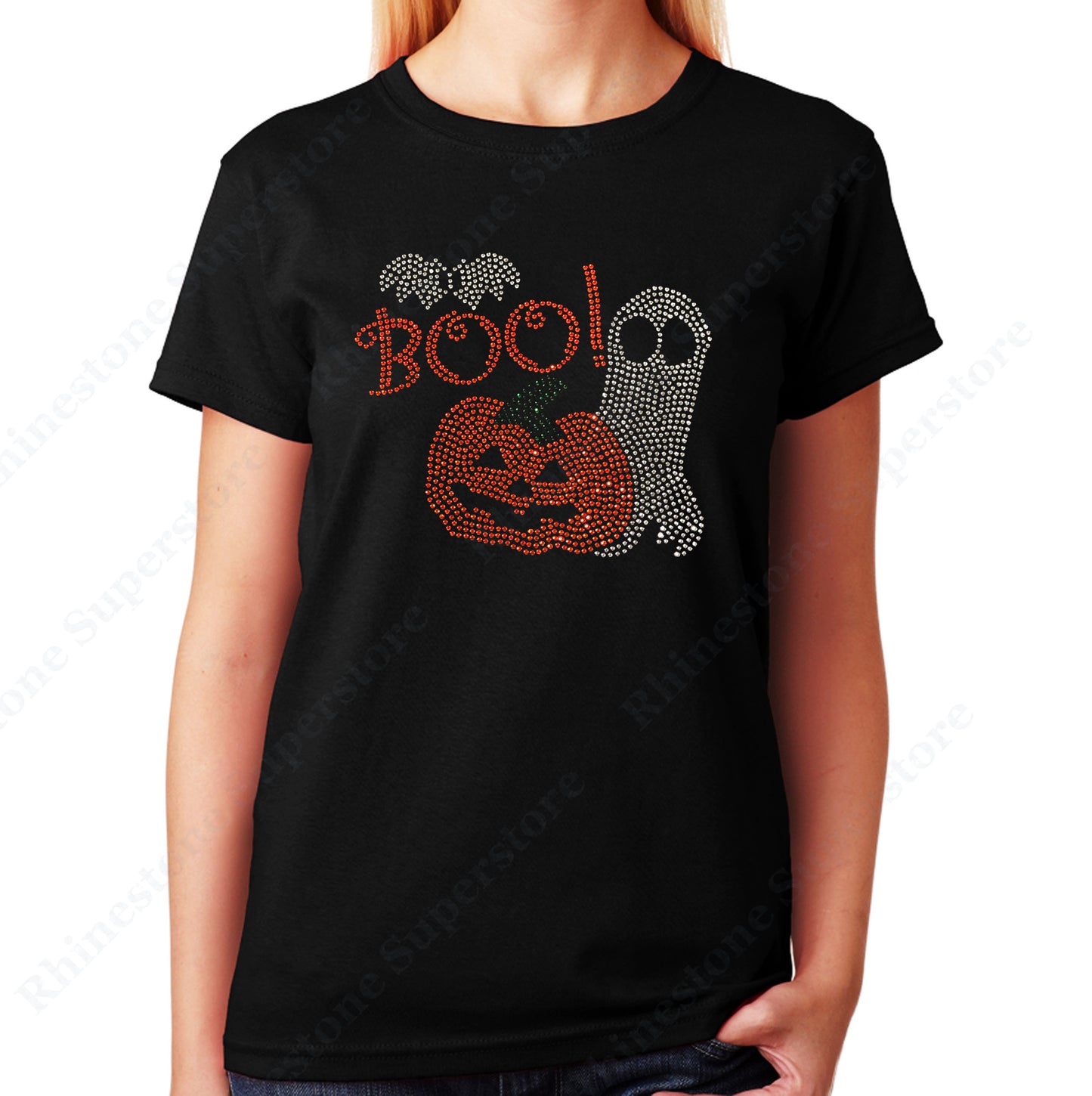 Women's / Unisex T-Shirt with Pumpkin and Ghost with Boo for Halloween in Rhinestones