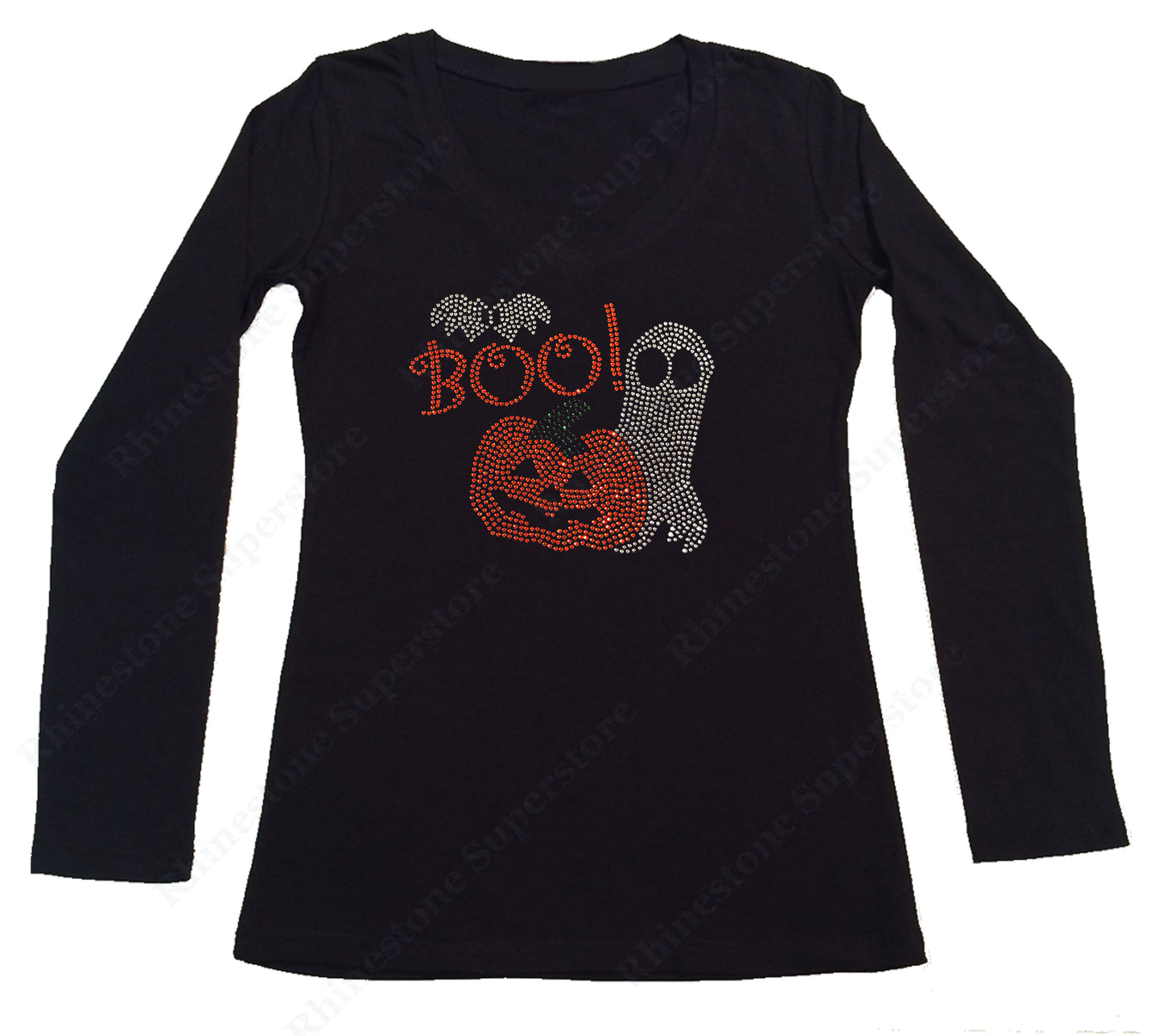 Womens T-shirt with Pumpkin and Ghost with Boo for Halloween in Rhinestones