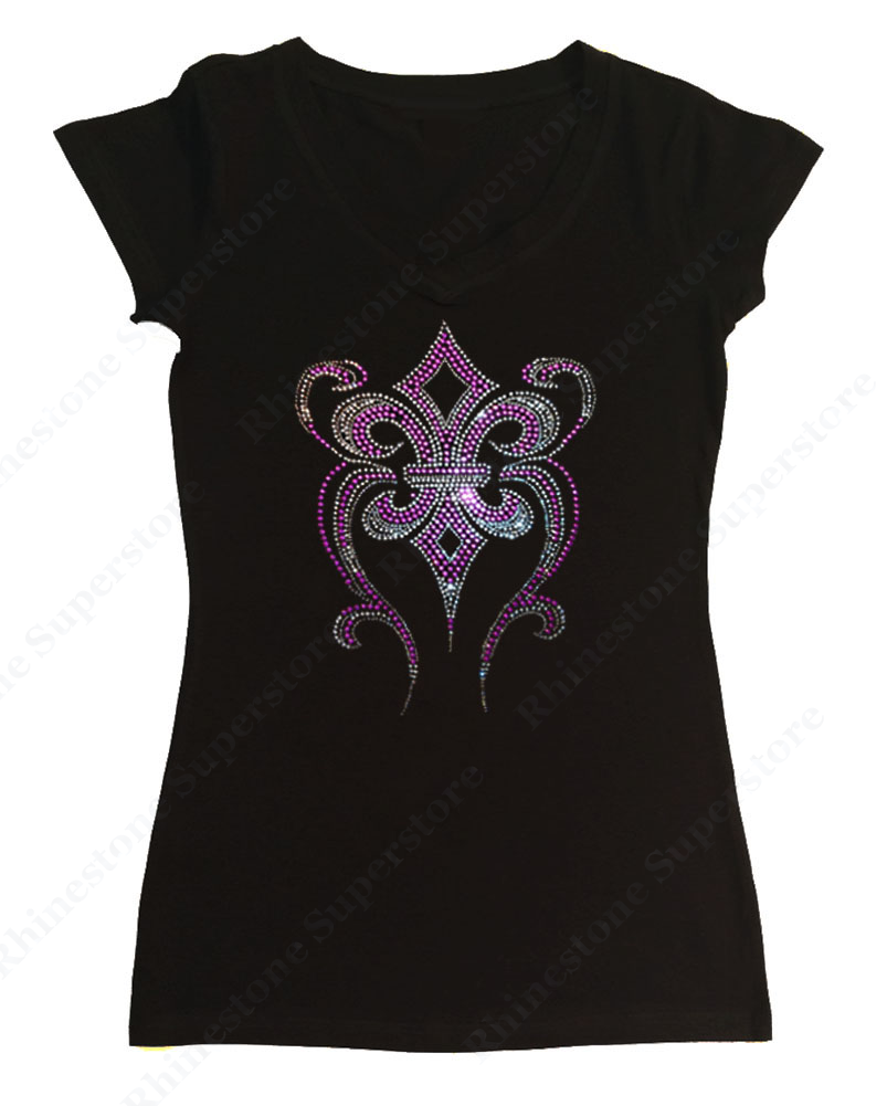Womens T-shirt with Purple Fleur de lis in Rhinestuds