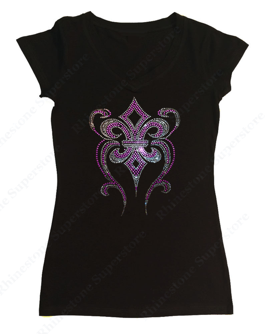 Womens T-shirt with Purple Fleur de lis in Rhinestuds