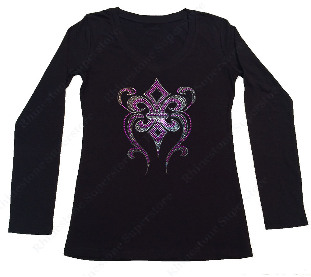Womens T-shirt with Purple Fleur de lis in Rhinestuds
