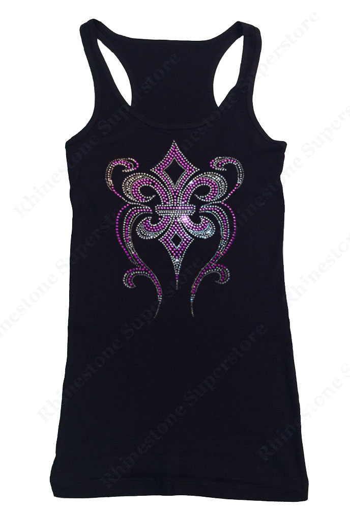 Womens T-shirt with Purple Fleur de lis in Rhinestuds