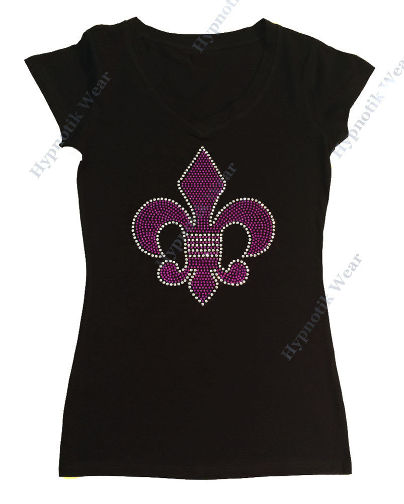 Womens T-shirt with Purple Fleur de lis in Rhinestuds