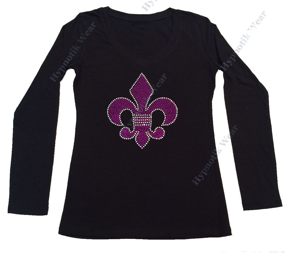 Womens T-shirt with Purple Fleur de lis in Rhinestuds