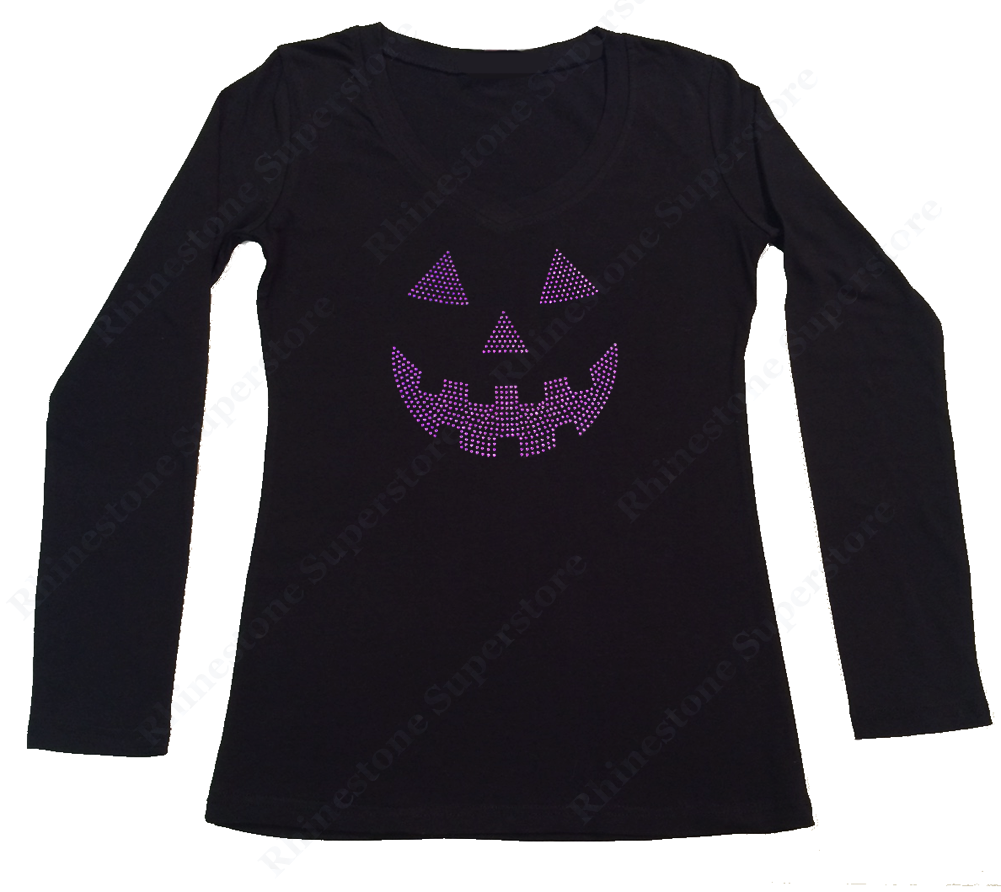 Womens T-shirt with Purple Jack O' Lantern in Rhinestones
