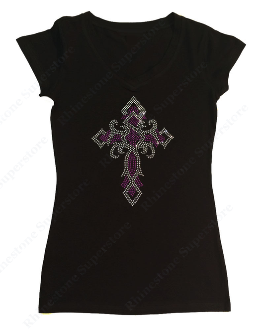 Womens T-shirt with Purple Twisted Cross in Rhinestones