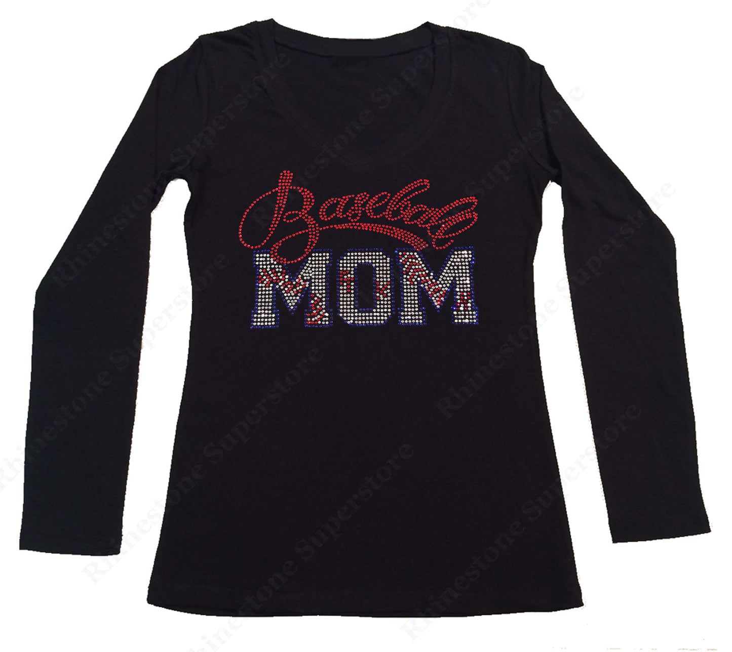 Womens T-shirt with Red Baseball Mom in Rhinestones