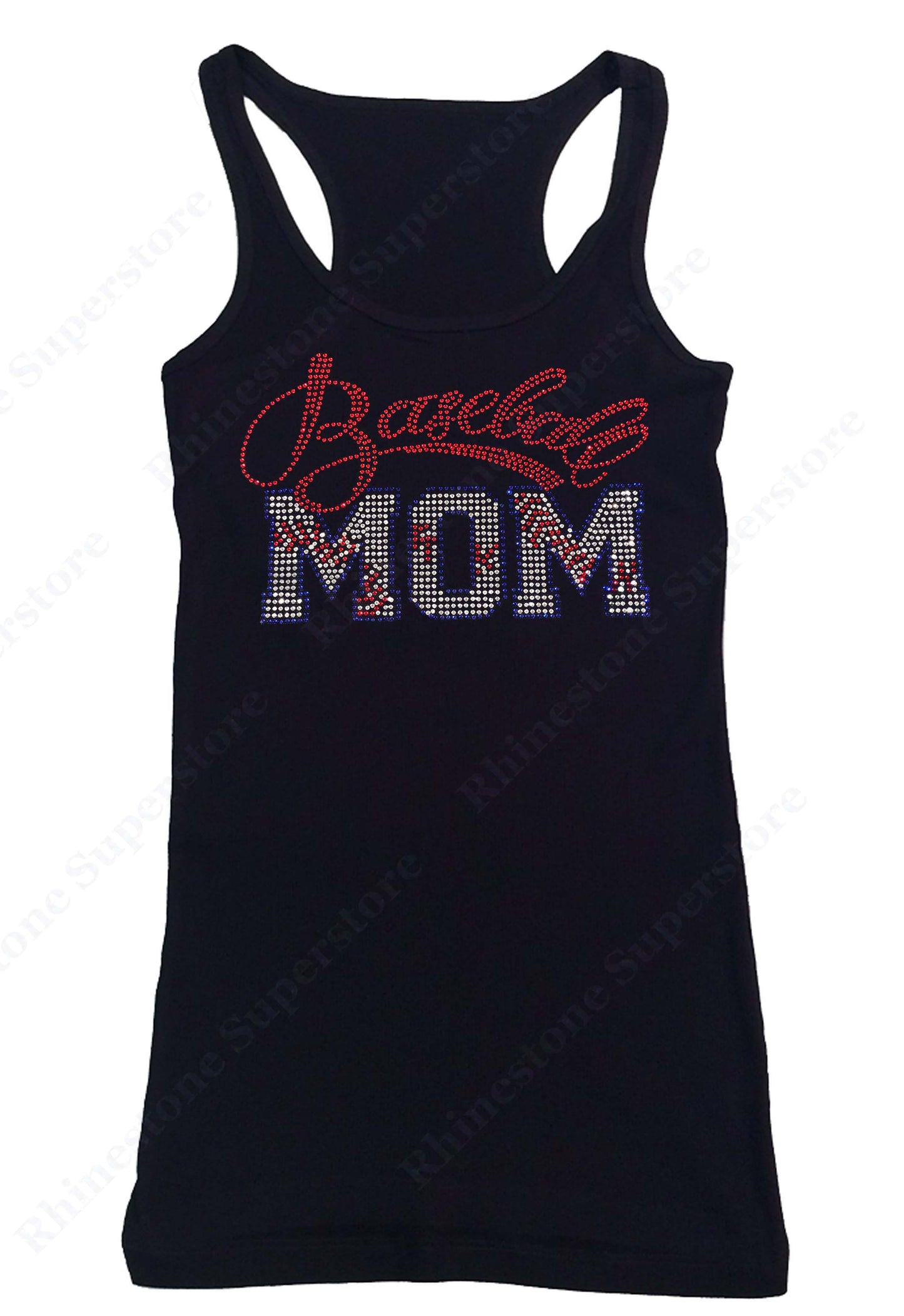 Womens T-shirt with Red Baseball Mom in Rhinestones