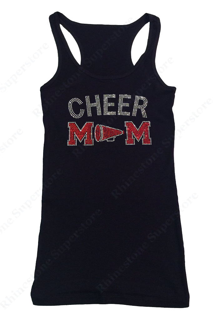 Womens T-shirt with Red Cheer Mom with Megaphone in Rhinestones