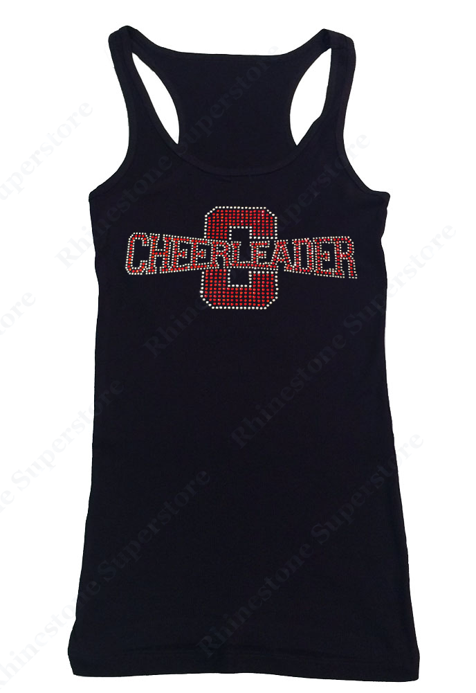 Womens T-shirt with Red Cheerleader in Rhinestones