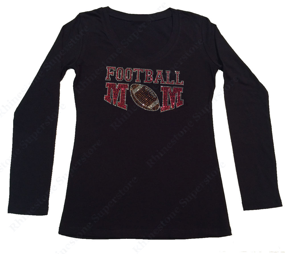 Womens T-shirt with Red Football Mom in Rhinestones