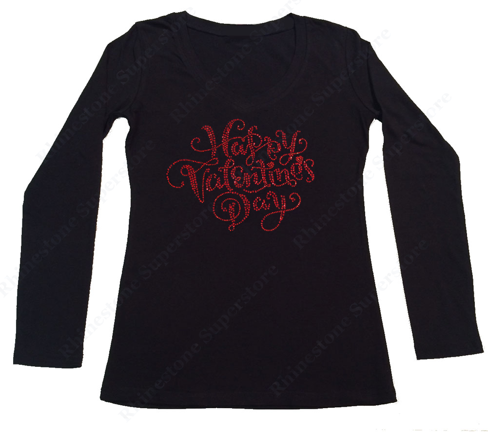 Womens T-shirt with Red Happy Valentines Day in Rhinestones