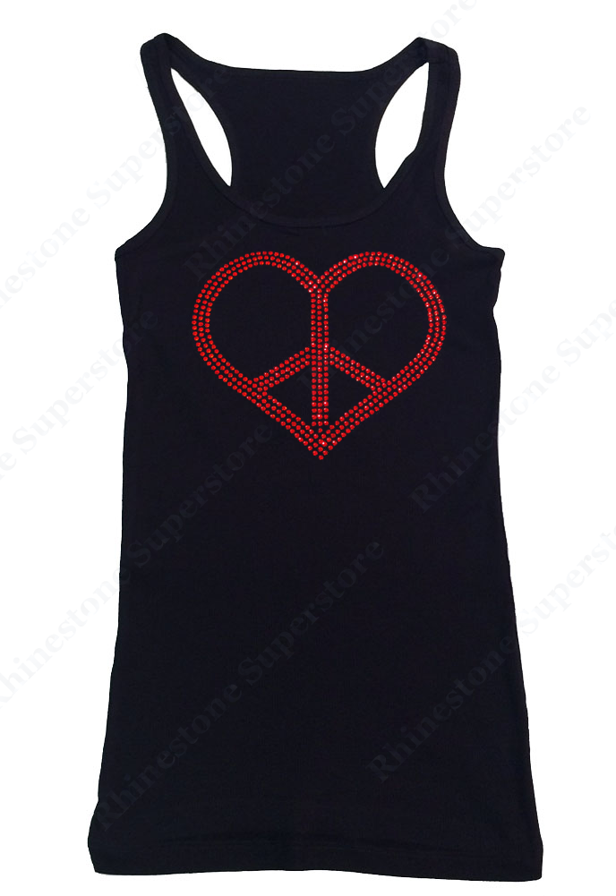 Womens T-shirt with Red Peace Heart in Rhinestones