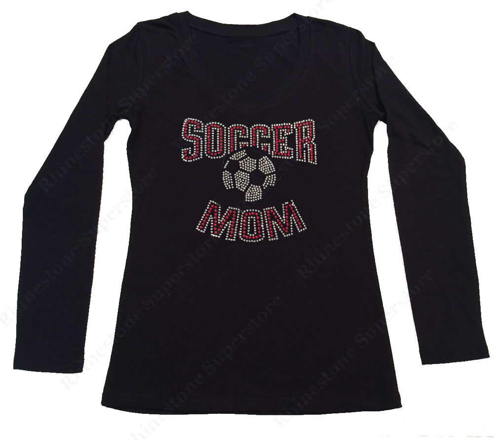 Womens T-shirt with Red Soccer Mom in Rhinestones