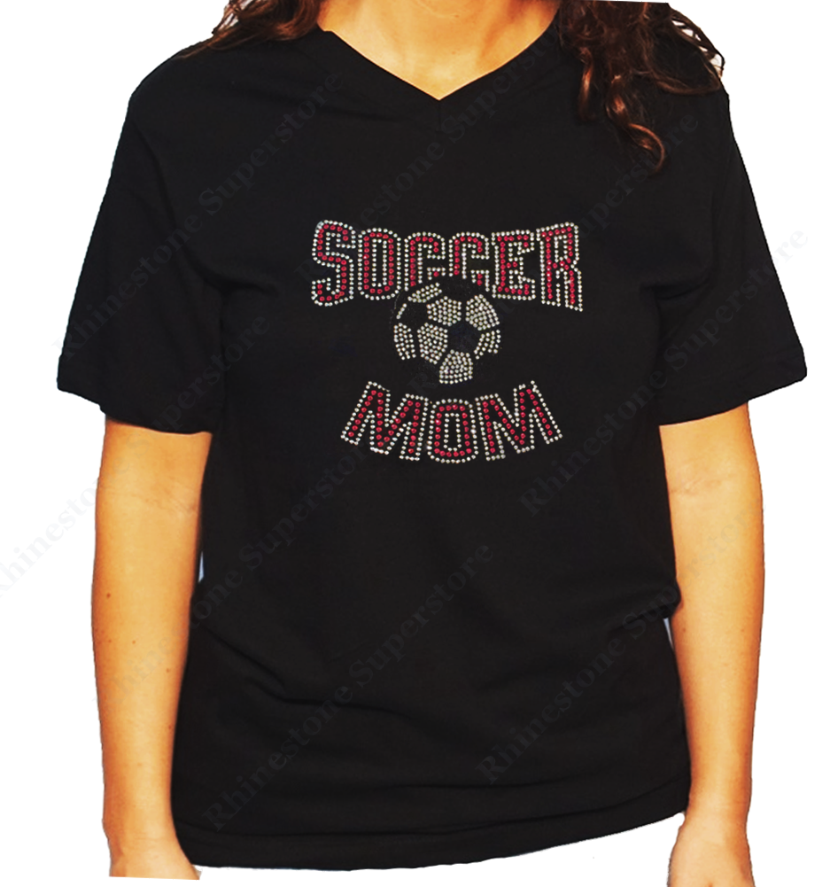 Women Unisex T-Shirt with Red Soccer Mom in Rhinestones V Neck