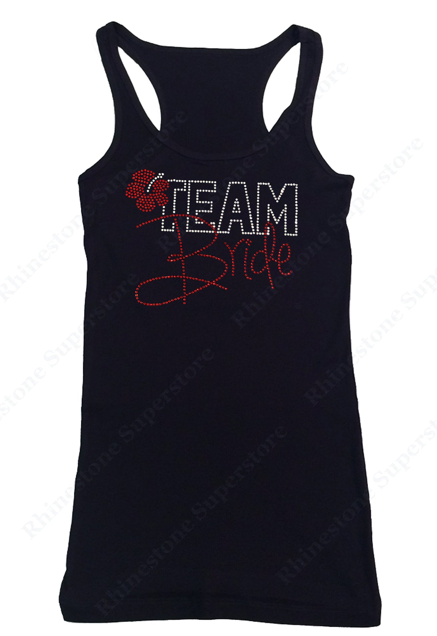 Womens T-shirt with Red Team Bride with Flower in Rhinestones