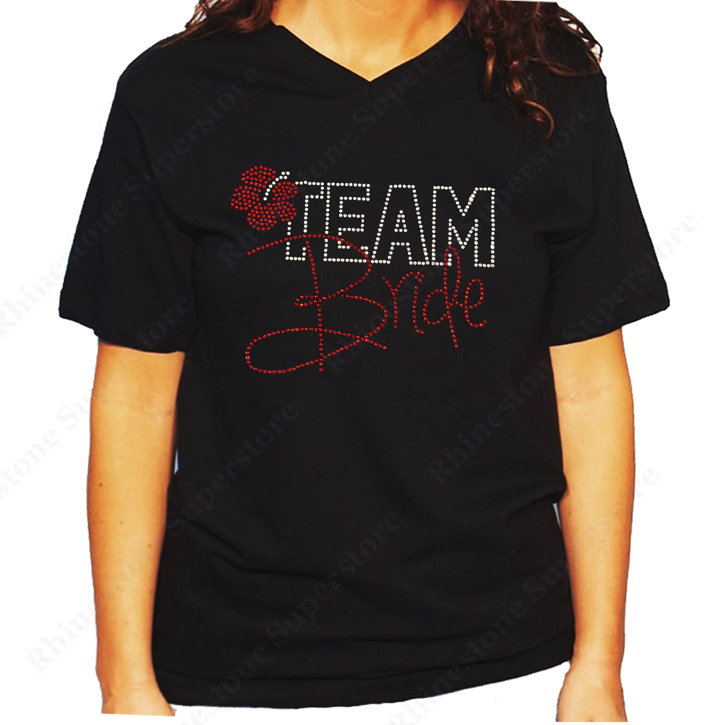 Women's / Unisex T-Shirt with Red Team Bride with Flower in Rhinestones