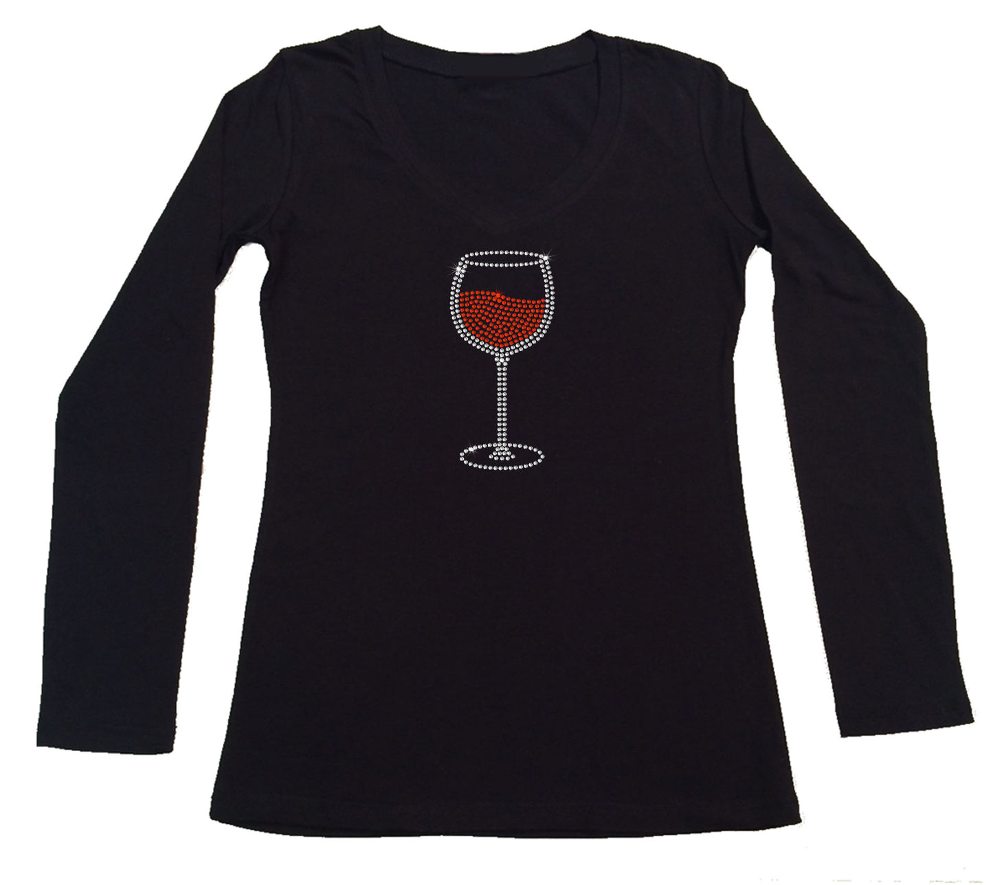 Womens T-shirt with Red Wine Glass in Rhinestones