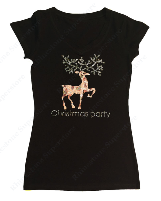 Womens T-shirt with Reindeer Christmas Party in Rhinestones and Material
