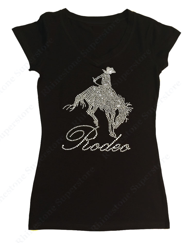 Womens T-shirt with Rodeo Cowgirl in Rhinestones