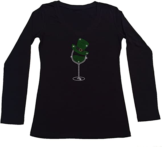 Women's Rhinestone Fitted Tight Snug Saint Patty's Day Shirt, Green Wine Glass, St. Patrick's Day