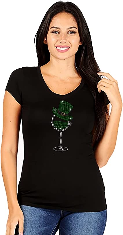 Women's Rhinestone Fitted Tight Snug Saint Patty's Day Shirt, Green Wine Glass, St. Patrick's Day