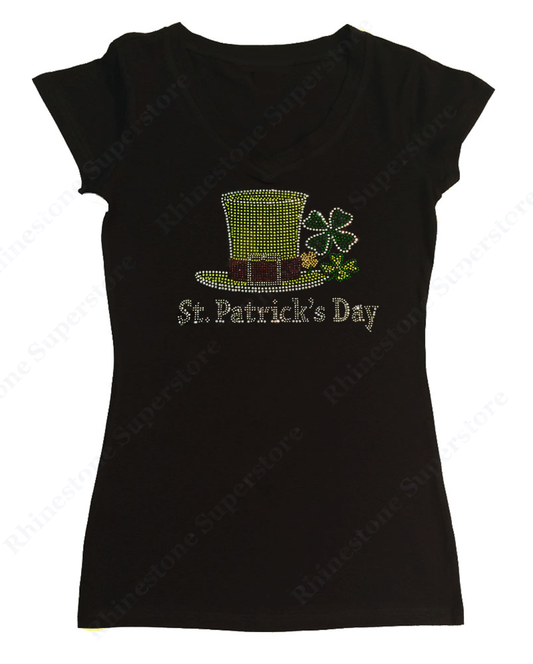 Womens T-shirt with Saint Patrick's Day Top Hat with Clover Leaves in Rhinestones