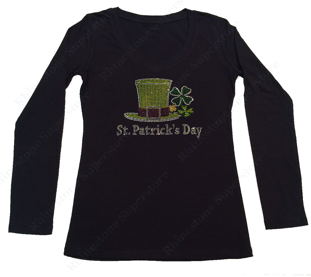 Womens T-shirt with Saint Patrick's Day Top Hat with Clover Leaves in Rhinestones