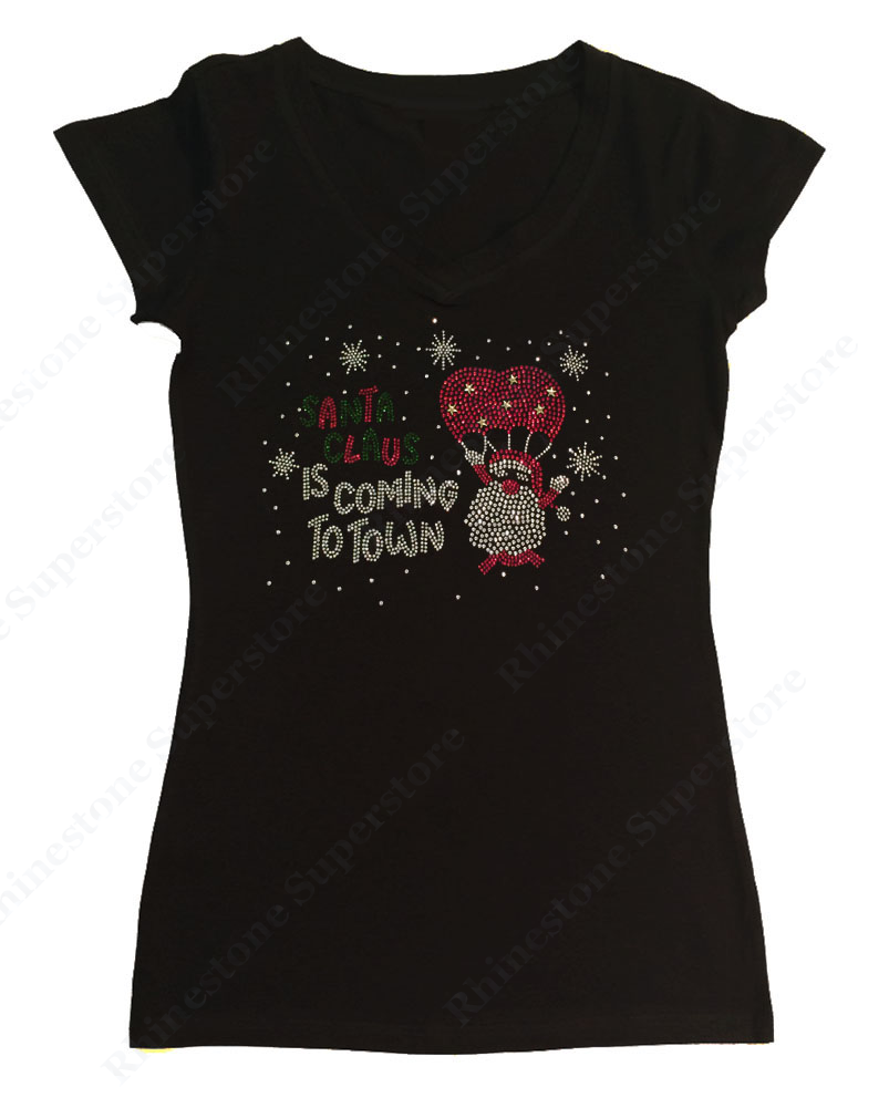 Womens T-shirt with Santa Claus Is Coming to Town in Rhinestones