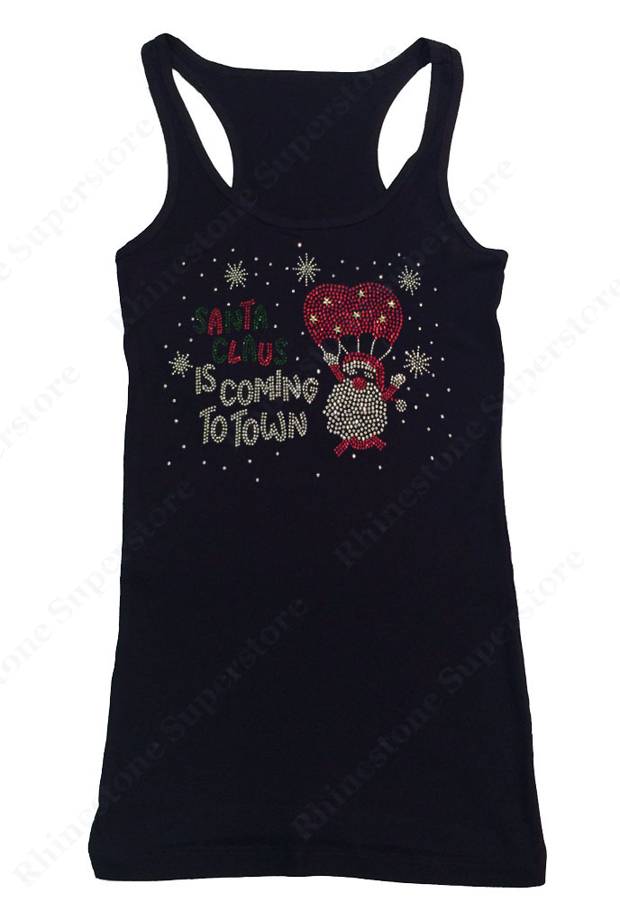 Womens T-shirt with Santa Claus Is Coming to Town in Rhinestones