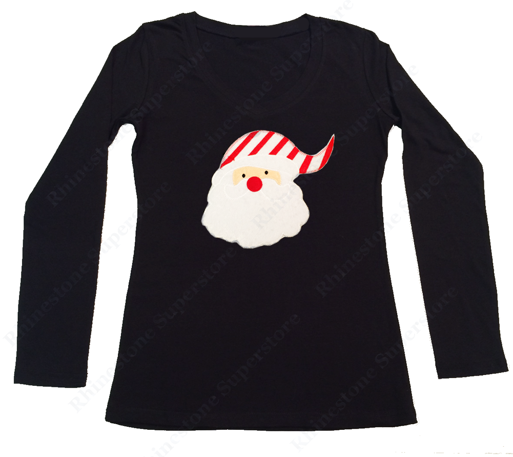 Womens T-shirt with Santa with Candy Cane Hat in Puff Material Patch