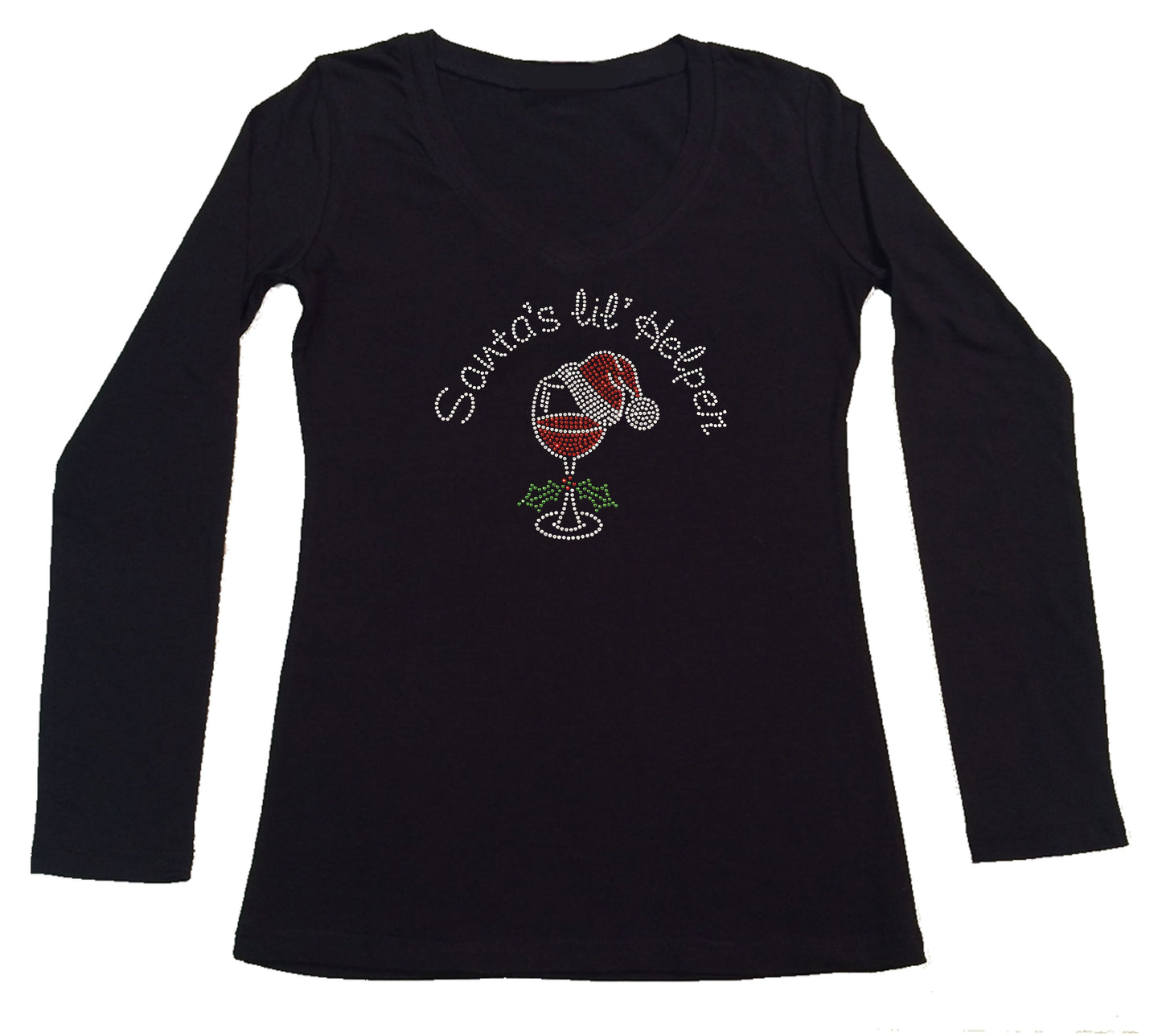 Womens T-shirt with Santas lil Helper with Wine Cup and Santa Hat in Rhinestones