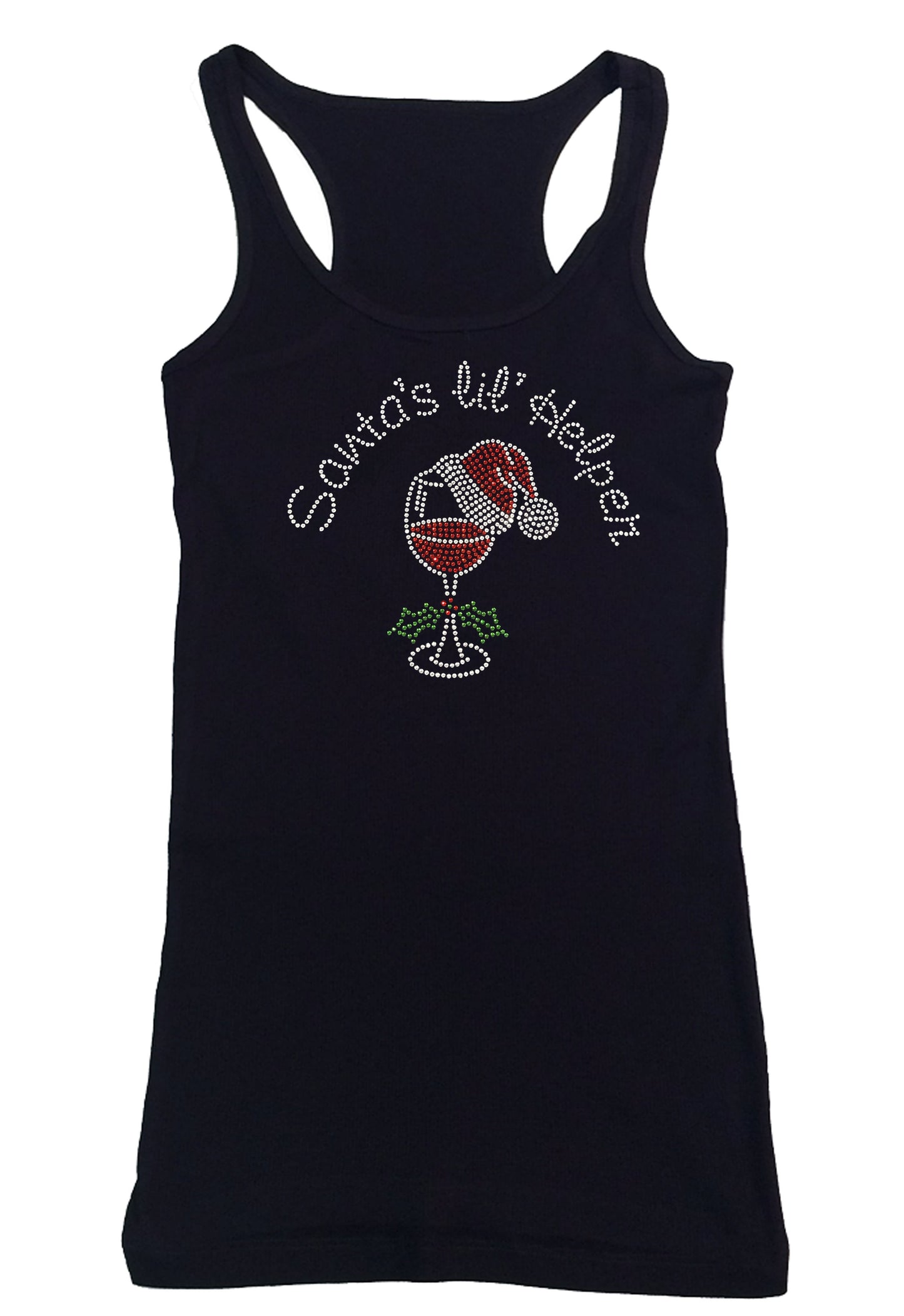 Womens T-shirt with Santas lil Helper with Wine Cup and Santa Hat in Rhinestones
