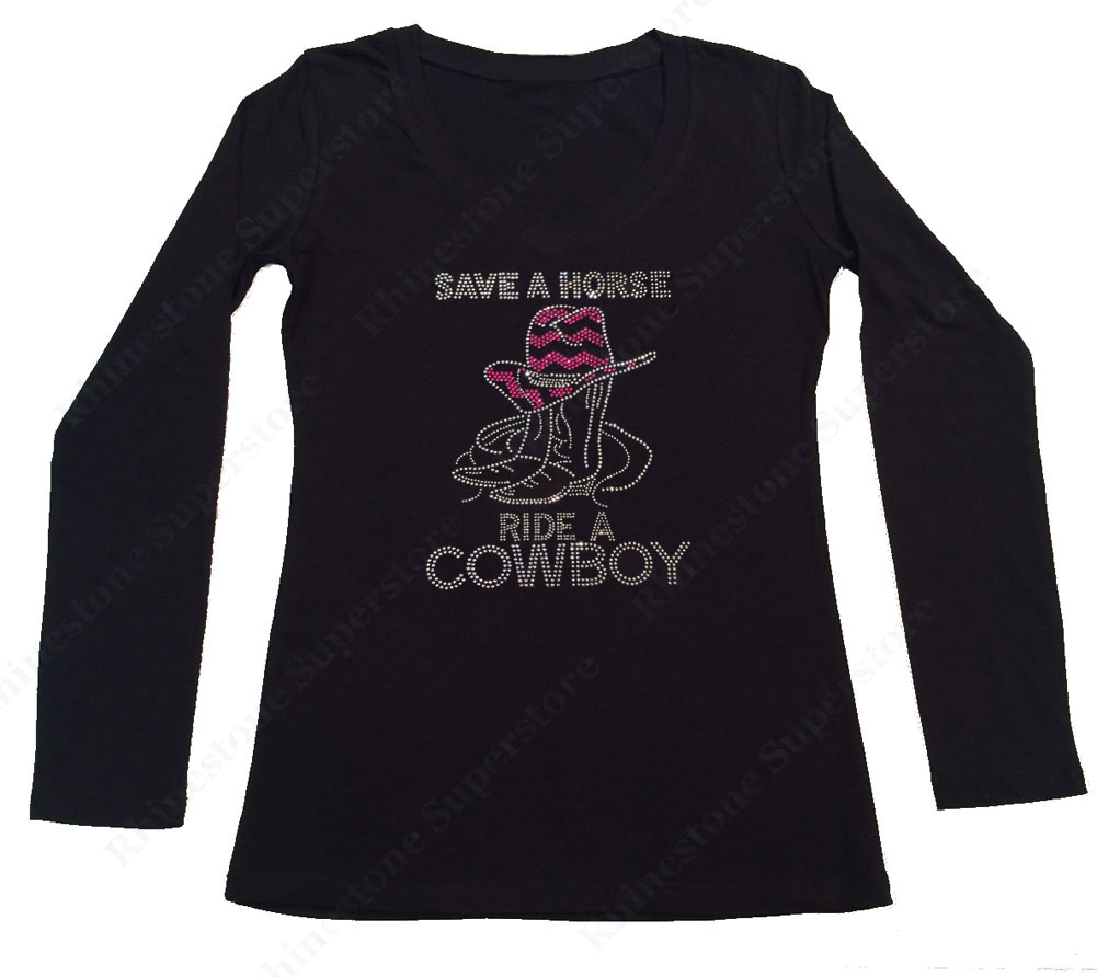 Womens T-shirt with Save a Horse Ride a Cowboy in Rhinestones