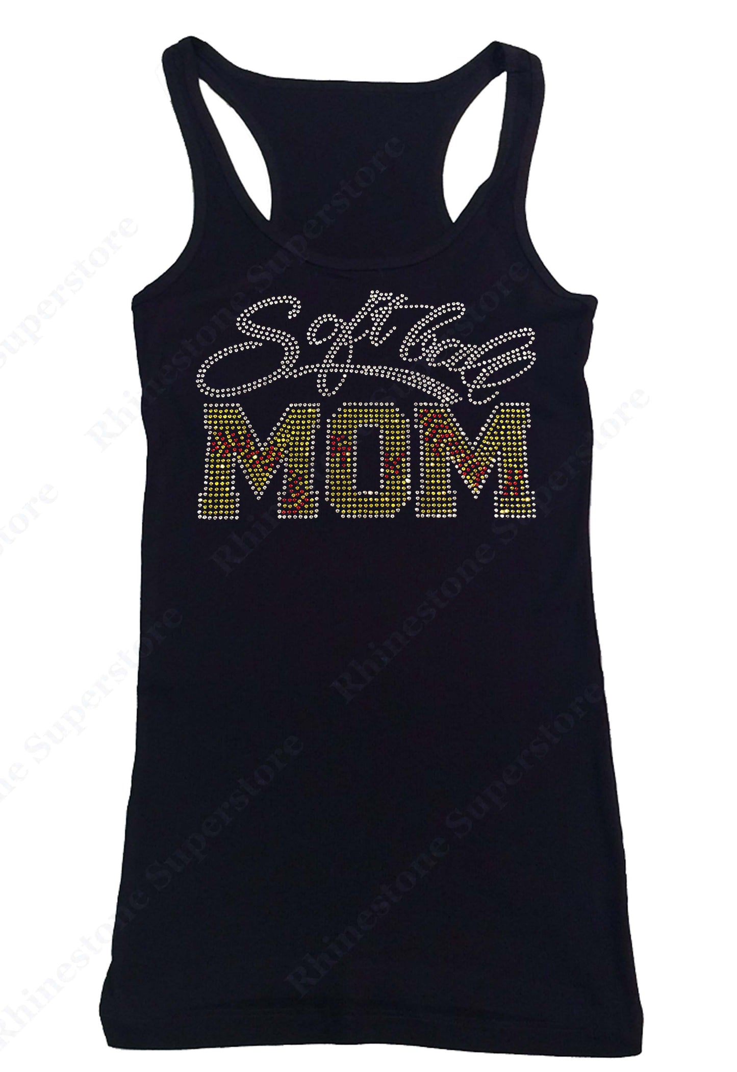 Womens T-shirt with Script Softball Mom in Rhinestones