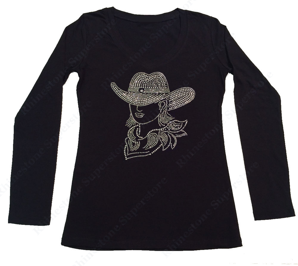 Womens T-shirt with Sexy Cowgirl with Hat in Rhinestones