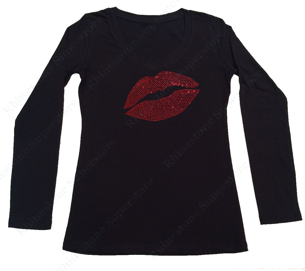 Womens T-shirt with Sexy Red Lips in Rhinestones