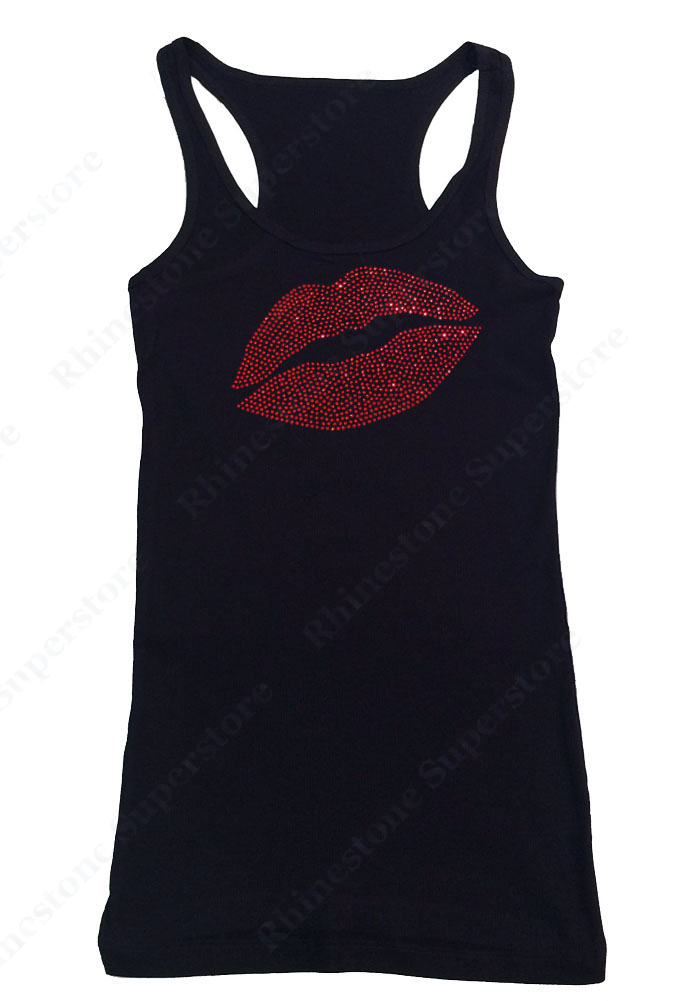 Womens T-shirt with Sexy Red Lips in Rhinestones