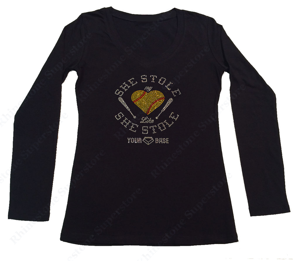 Womens T-shirt with She Stole My Softball Heart Like She Stole Your Base in Rhinestones