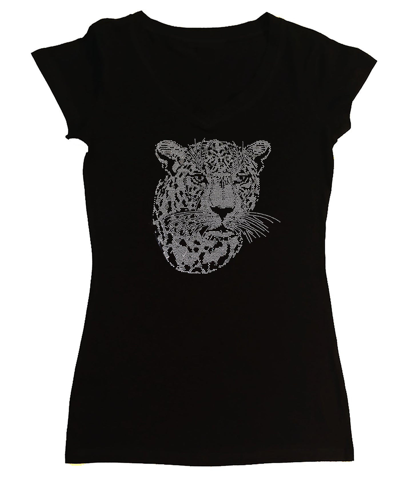 Women's Rhinestone Fitted Tight Snug Shirt Silver Leopard Face