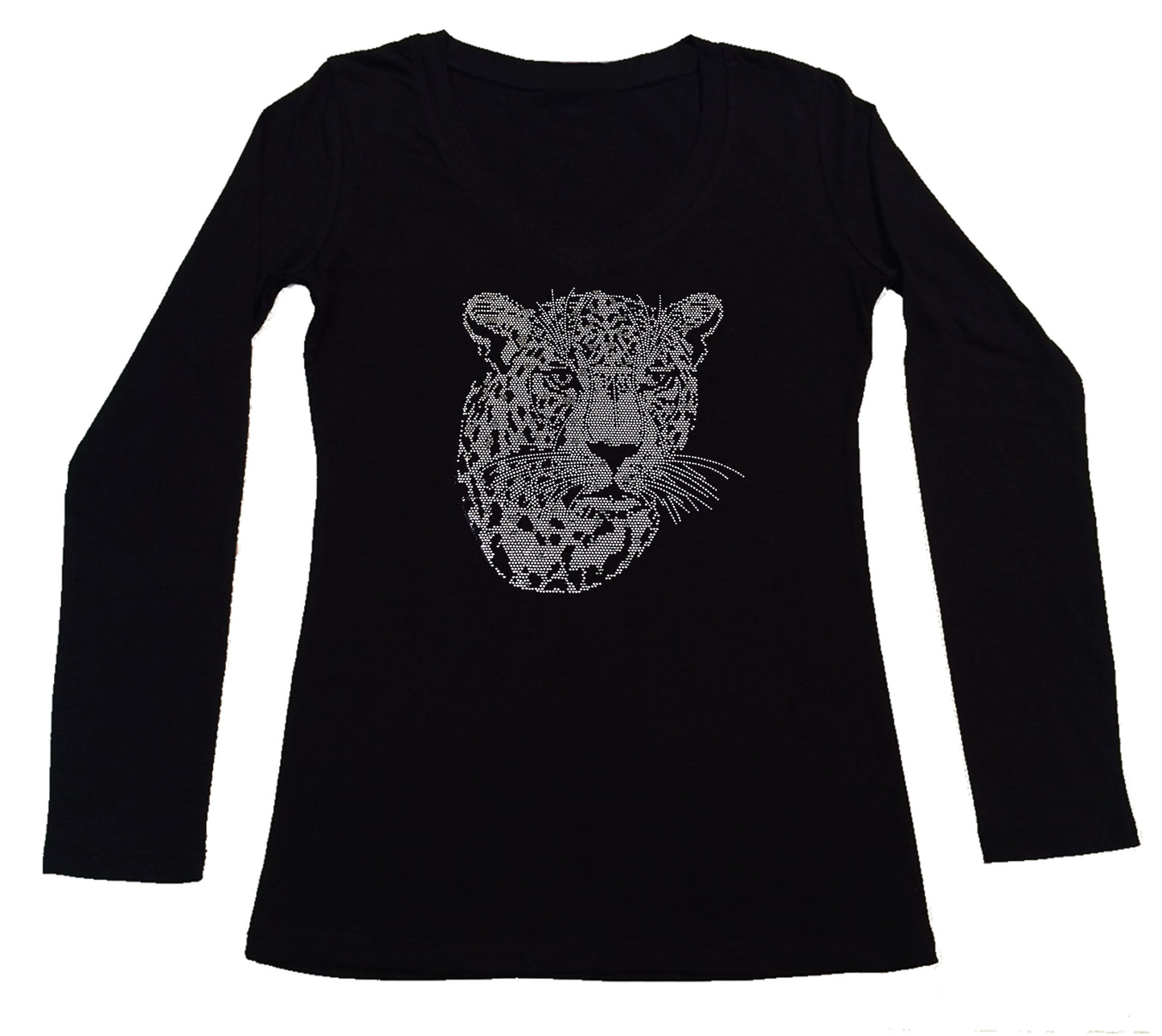 Women's Rhinestone Fitted Tight Snug Shirt Silver Leopard Face